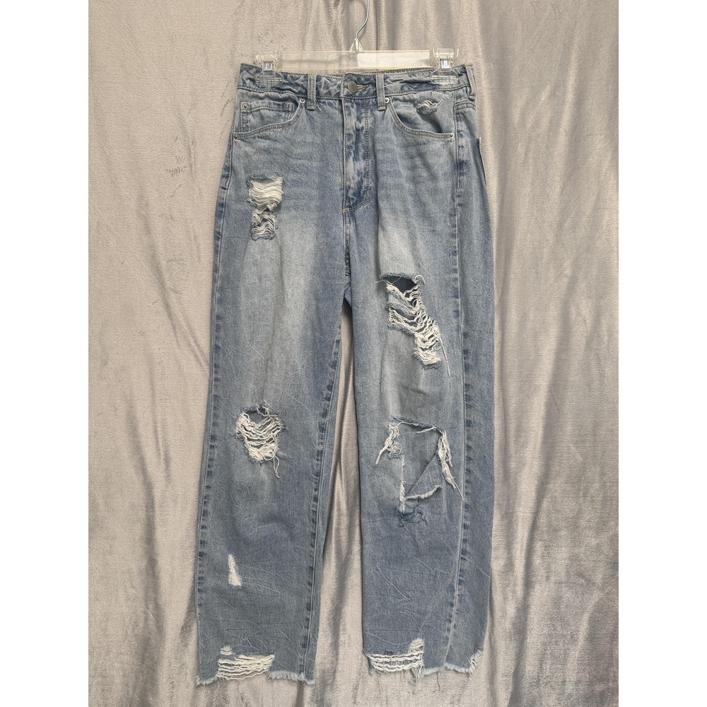 Blue Revival Jeans Womens 27 Light Wash Straight Leg Distressed‎ Raw Hem Ripped
